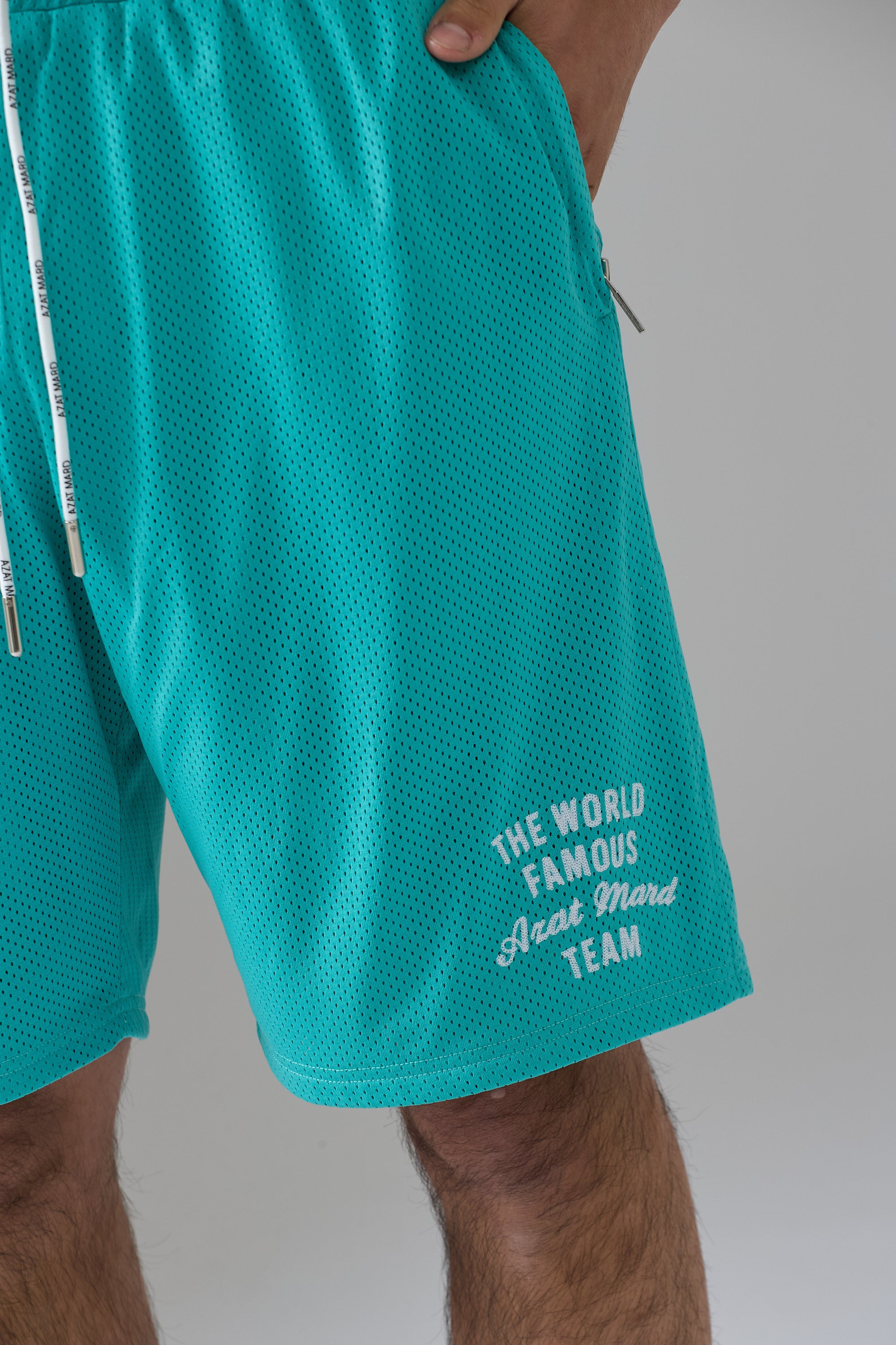 WORLD FAMOUS AZAT MARD TEAM SEA GREEN MESH SHORTS Azat Mard