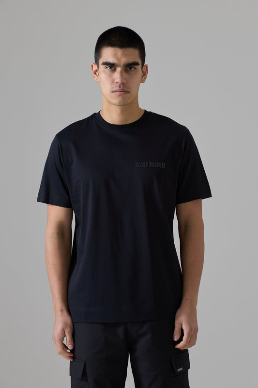 BLACK MERCERISED T-SHIRT WITH BLACK ORGANIC LEATHER LOGO