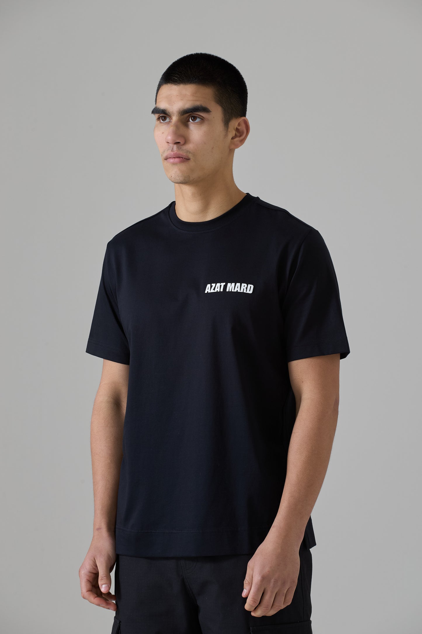 BLACK MERCERISED T-SHIRT WITH WHITE ORGANIC LEATHER LOGO