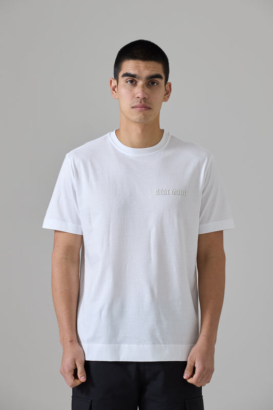 WHITE MERCERISED T-SHIRT WITH WHITE ORGANIC LEATHER LOGO