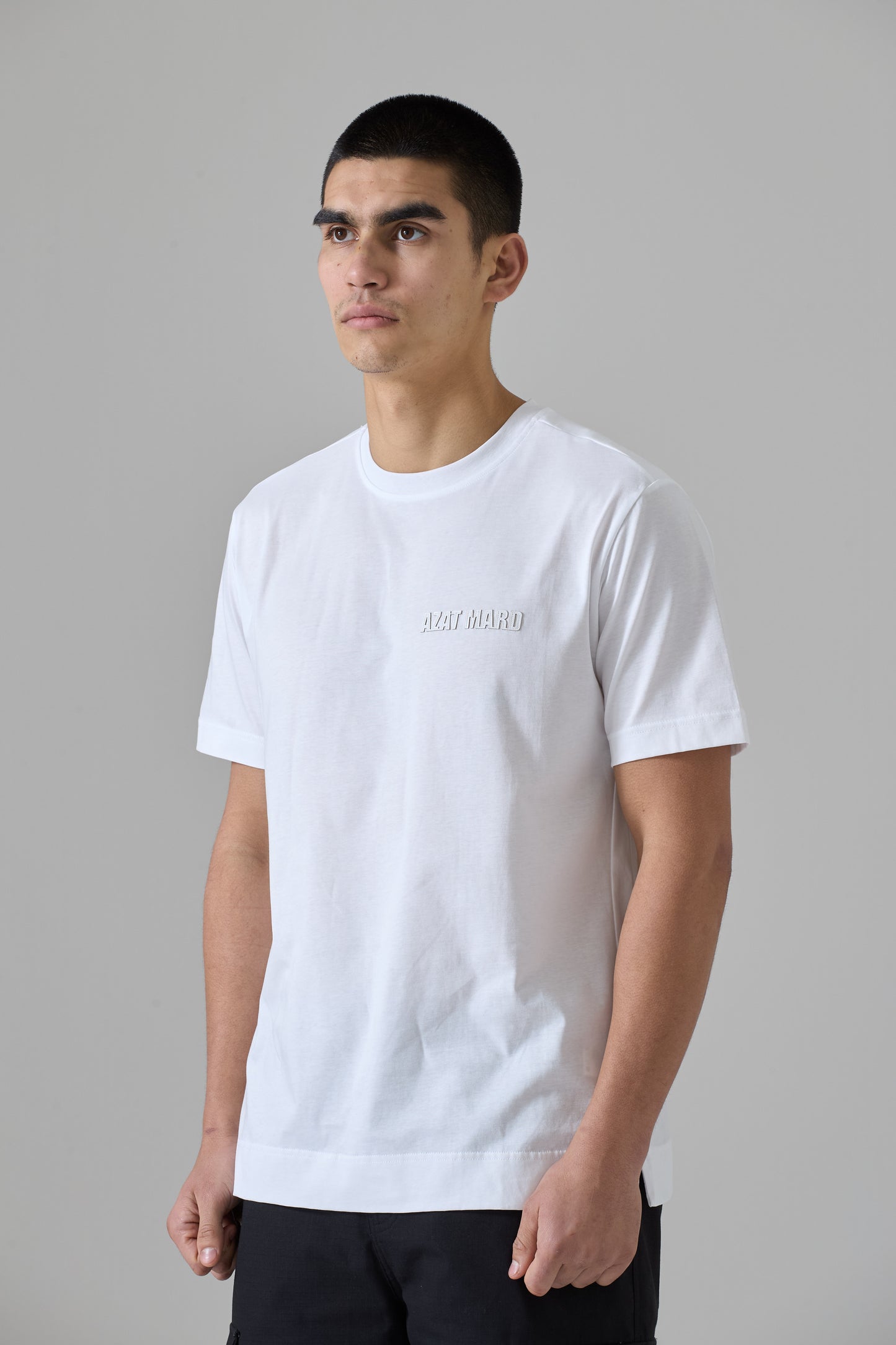 WHITE MERCERISED T-SHIRT WITH WHITE ORGANIC LEATHER LOGO