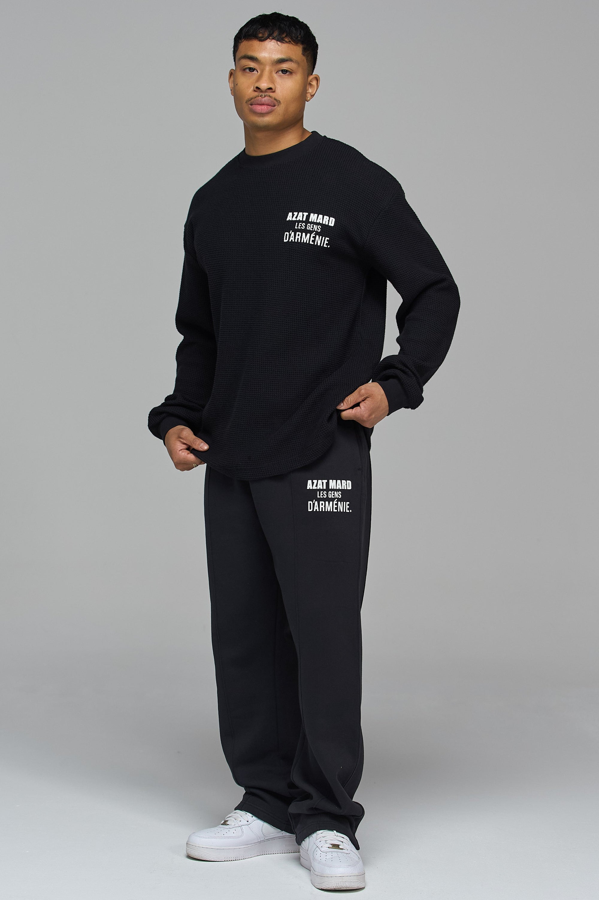 LES GENS BLACK RELAXED WAFFLE LONG SLEEVE T-SHIRT