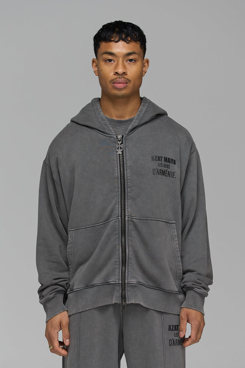LES GENS WASHED CHARCOAL BOXED ZIPPER HOODIE