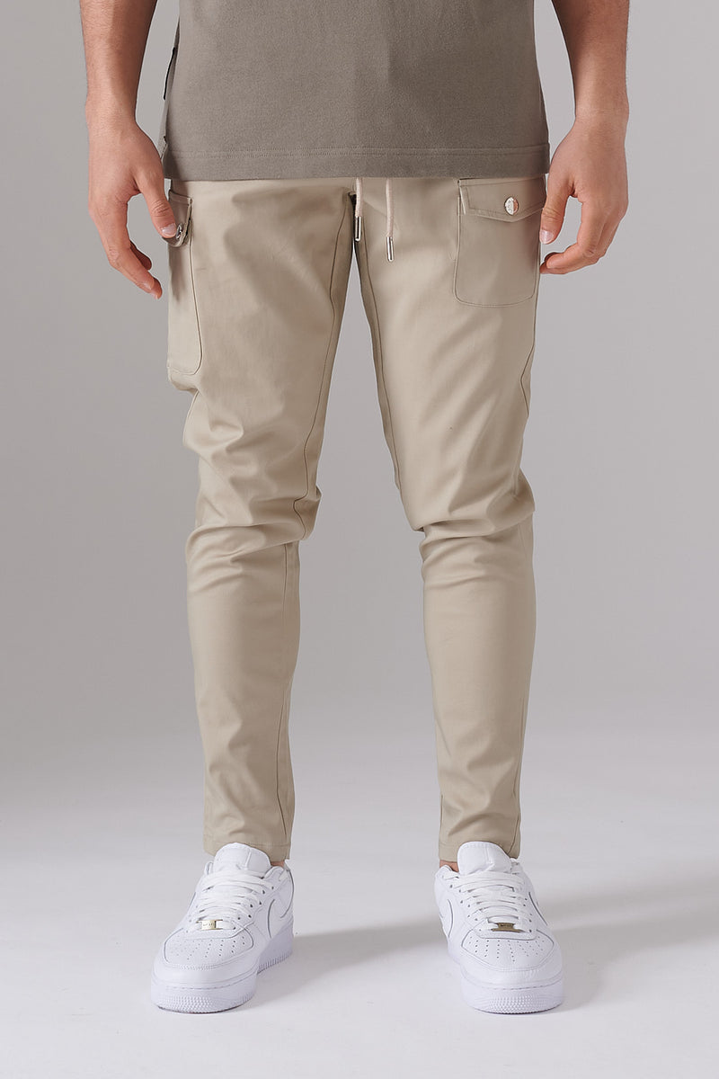 PLAQUE POCKET DETAIL BEIGE TWILL PANTS