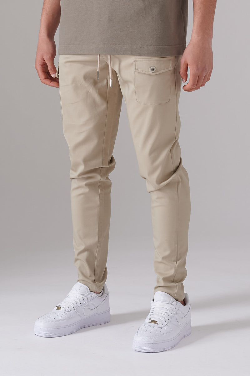 PLAQUE POCKET DETAIL BEIGE TWILL PANTS